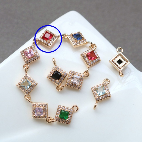 Picture of 2 PCs Brass & Glass Geometric Connectors Charms Pendants Gold Plated Red Rhombus Micro Pave Clear Rhinestone 10mm x 10mm