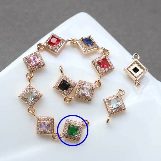 Picture of 2 PCs Brass & Glass Geometric Connectors Charms Pendants Gold Plated Green Rhombus Micro Pave Clear Rhinestone 10mm x 10mm