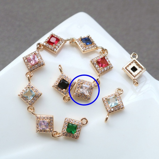 Picture of 2 PCs Brass & Glass Geometric Connectors Charms Pendants Gold Plated Transparent Clear Rhombus Micro Pave Clear Rhinestone 10mm x 10mm