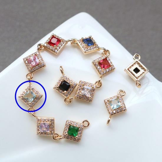 Picture of 2 PCs Brass & Glass Geometric Connectors Charms Pendants Gold Plated Light Blue Rhombus Micro Pave Clear Rhinestone 10mm x 10mm