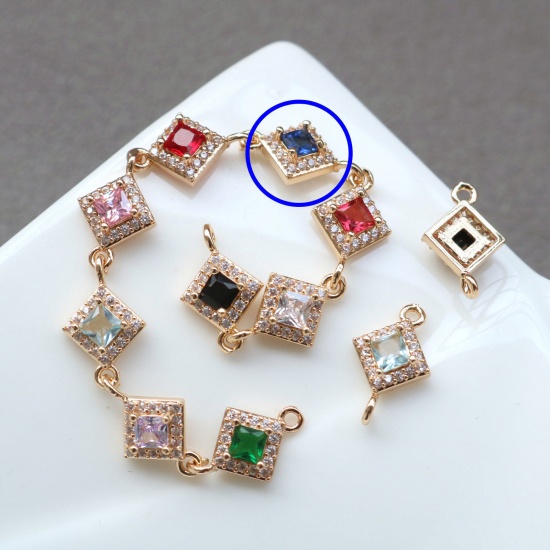 Picture of 2 PCs Brass & Glass Geometric Connectors Charms Pendants Gold Plated Blue Rhombus Micro Pave Clear Rhinestone 10mm x 10mm