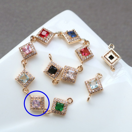 Picture of 2 PCs Brass & Glass Geometric Connectors Charms Pendants Gold Plated Purple Rhombus Micro Pave Clear Rhinestone 10mm x 10mm