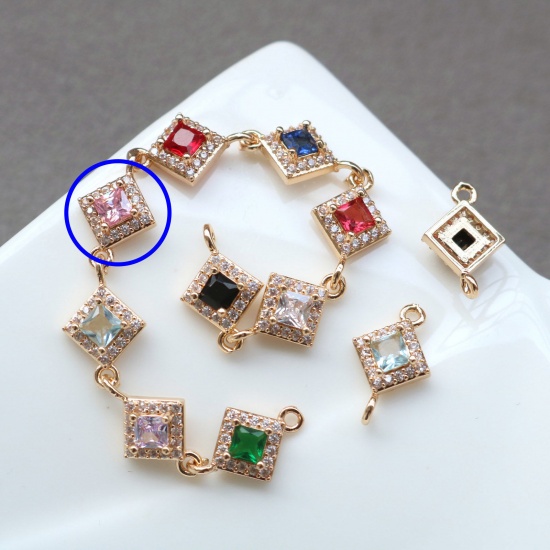 Picture of 2 PCs Brass & Glass Geometric Connectors Charms Pendants Gold Plated Pink Rhombus Micro Pave Clear Rhinestone 10mm x 10mm