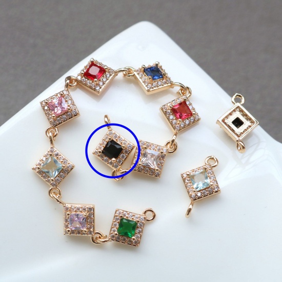 Picture of 2 PCs Brass & Glass Geometric Connectors Charms Pendants Gold Plated Black Rhombus Micro Pave Clear Rhinestone 10mm x 10mm