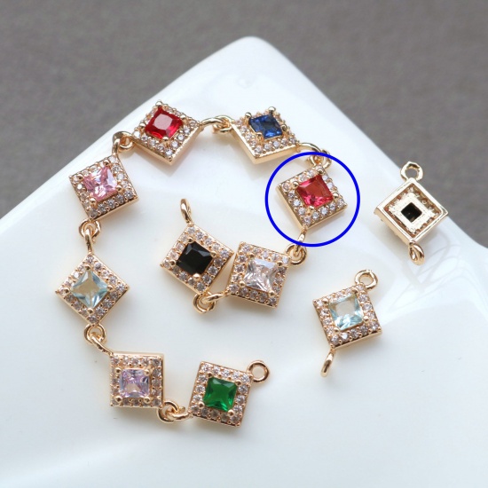 Picture of 2 PCs Brass & Glass Geometric Connectors Charms Pendants Gold Plated Fuchsia Rhombus Micro Pave Clear Rhinestone 10mm x 10mm