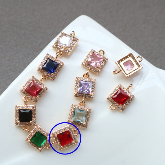 Picture of 2 PCs Brass & Glass Geometric Connectors Charms Pendants Gold Plated Red Square Micro Pave Clear Rhinestone 9.5mm x 9.5mm