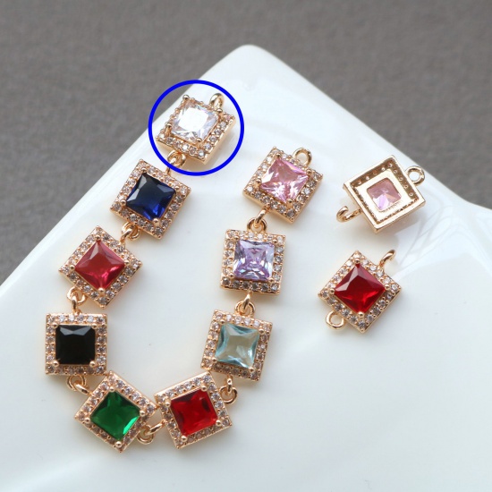 Picture of 2 PCs Brass & Glass Geometric Connectors Charms Pendants Gold Plated Transparent Clear Square Micro Pave Clear Rhinestone 9.5mm x 9.5mm