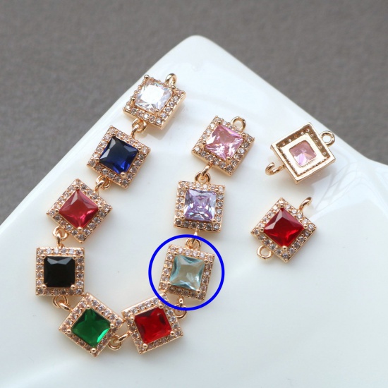 Picture of 2 PCs Brass & Glass Geometric Connectors Charms Pendants Gold Plated Light Blue Square Micro Pave Clear Rhinestone 9.5mm x 9.5mm