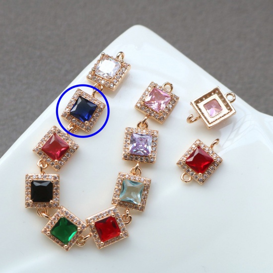 Picture of 2 PCs Brass & Glass Geometric Connectors Charms Pendants Gold Plated Blue Square Micro Pave Clear Rhinestone 9.5mm x 9.5mm