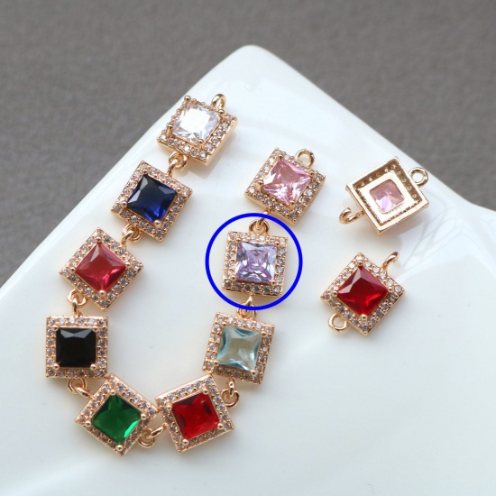 Picture of 2 PCs Brass & Glass Geometric Connectors Charms Pendants Gold Plated Purple Square Micro Pave Clear Rhinestone 9.5mm x 9.5mm