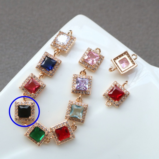 Picture of 2 PCs Brass & Glass Geometric Connectors Charms Pendants Gold Plated Black Square Micro Pave Clear Rhinestone 9.5mm x 9.5mm