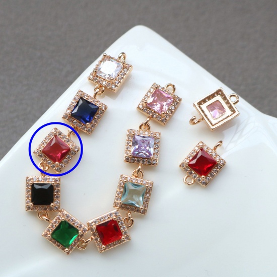 Picture of 2 PCs Brass & Glass Geometric Connectors Charms Pendants Gold Plated Fuchsia Square Micro Pave Clear Rhinestone 9.5mm x 9.5mm