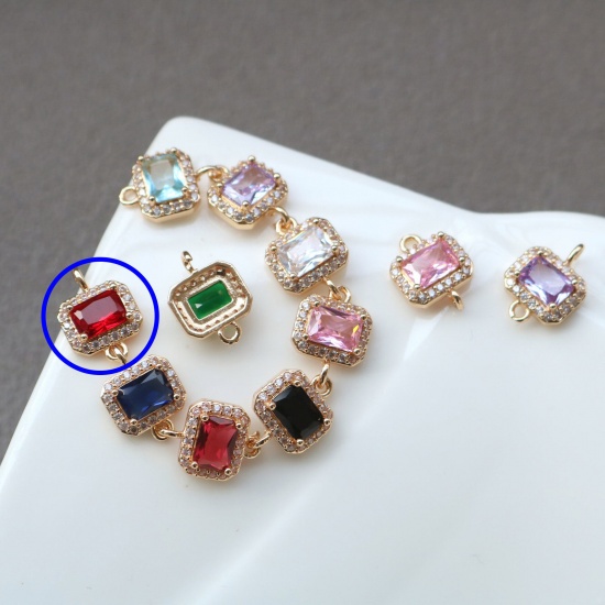 Picture of 2 PCs Brass & Glass Geometric Connectors Charms Pendants Gold Plated Red Rectangle Micro Pave Clear Rhinestone 10mm x 9.5mm