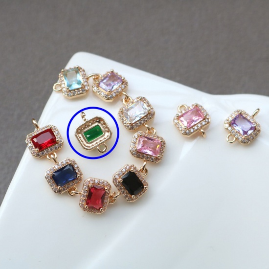 Picture of 2 PCs Brass & Glass Geometric Connectors Charms Pendants Gold Plated Green Rectangle Micro Pave Clear Rhinestone 10mm x 9.5mm