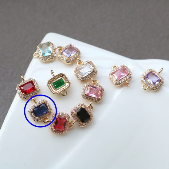 Picture of 2 PCs Brass & Glass Geometric Connectors Charms Pendants Gold Plated Blue Rectangle Micro Pave Clear Rhinestone 10mm x 9.5mm