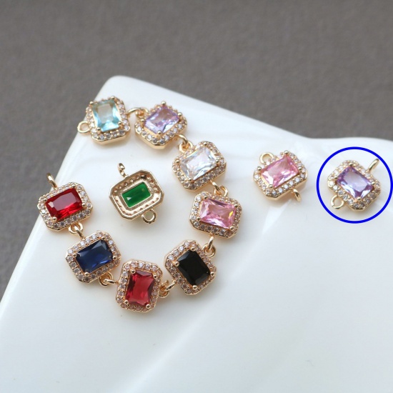 Picture of 2 PCs Brass & Glass Geometric Connectors Charms Pendants Gold Plated Purple Rectangle Micro Pave Clear Rhinestone 10mm x 9.5mm