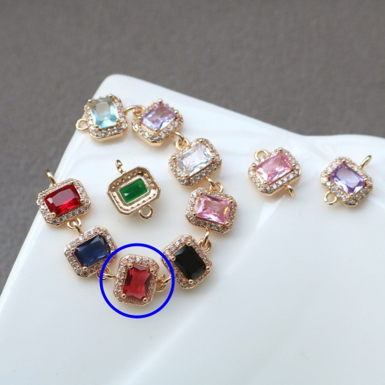 Picture of 2 PCs Brass & Glass Geometric Connectors Charms Pendants Gold Plated Fuchsia Rectangle Micro Pave Clear Rhinestone 10mm x 9.5mm
