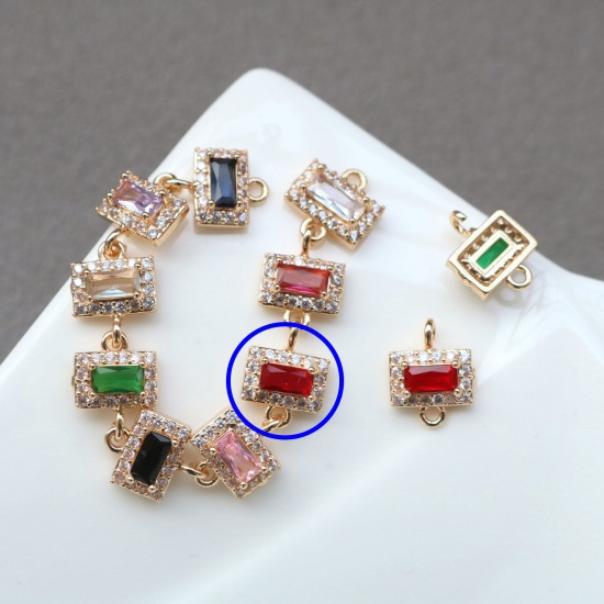 Picture of 2 PCs Brass & Glass Geometric Connectors Charms Pendants Gold Plated Red Rectangle Micro Pave Clear Rhinestone 11mm x 7mm