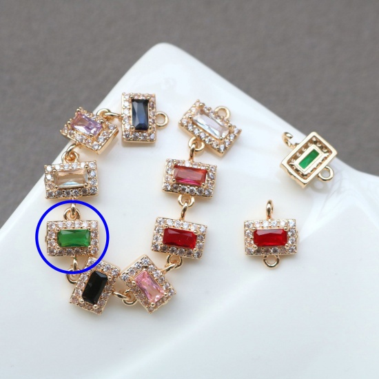 Picture of 2 PCs Brass & Glass Geometric Connectors Charms Pendants Gold Plated Green Rectangle Micro Pave Clear Rhinestone 11mm x 7mm