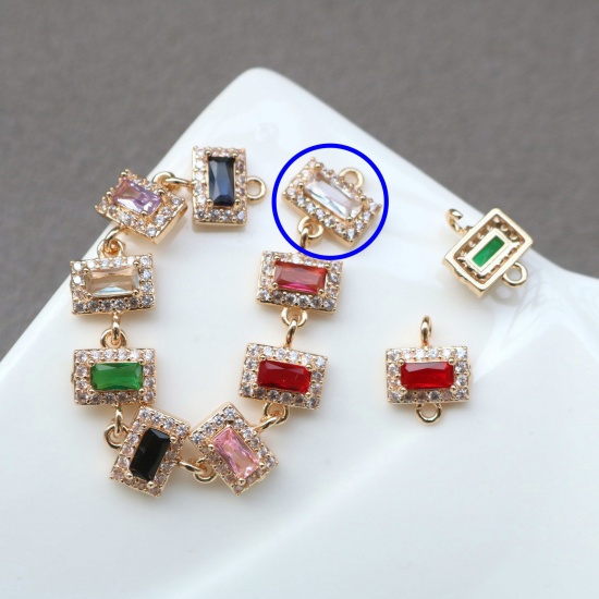 Picture of 2 PCs Brass & Glass Geometric Connectors Charms Pendants Gold Plated Transparent Clear Rectangle Micro Pave Clear Rhinestone 11mm x 7mm