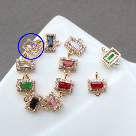 Picture of 2 PCs Brass & Glass Geometric Connectors Charms Pendants Gold Plated Purple Rectangle Micro Pave Clear Rhinestone 11mm x 7mm