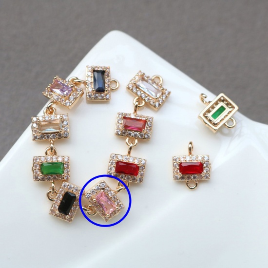 Picture of 2 PCs Brass & Glass Geometric Connectors Charms Pendants Gold Plated Pink Rectangle Micro Pave Clear Rhinestone 11mm x 7mm