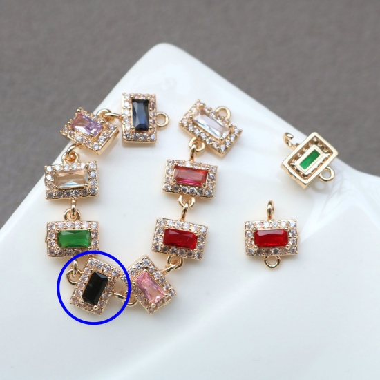Picture of 2 PCs Brass & Glass Geometric Connectors Charms Pendants Gold Plated Black Rectangle Micro Pave Clear Rhinestone 11mm x 7mm
