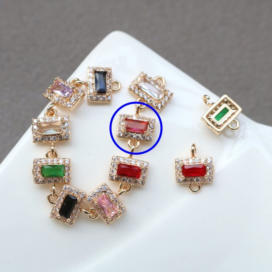 Picture of 2 PCs Brass & Glass Geometric Connectors Charms Pendants Gold Plated Fuchsia Rectangle Micro Pave Clear Rhinestone 11mm x 7mm