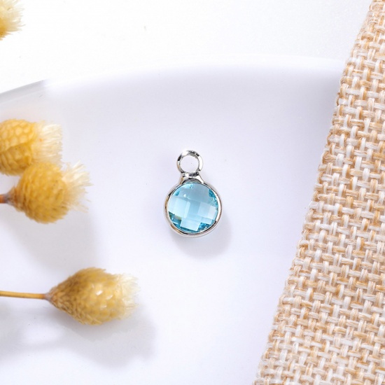 Immagine di 5 PCs Brass & Glass Birthstone Charms Silver Tone Light Blue Round 6mm Dia.