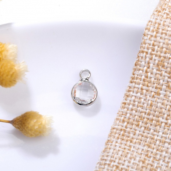 Image de 5 Pcs Breloques Pierres de Naissance en Laiton & Verre Argent Mat Transparent Rond avril 6mm Dia.