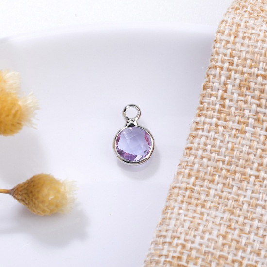 Image de 5 Pcs Breloques Pierres de Naissance en Laiton & Verre Argent Mat Mauve Rond juin 6mm Dia.