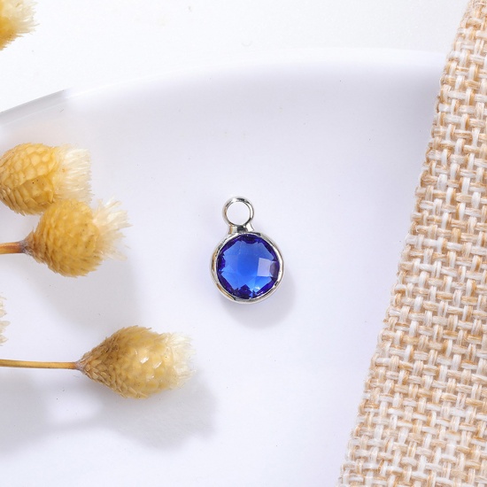 Immagine di 5 PCs Brass & Glass Birthstone Charms Silver Tone Royal Blue Round 6mm Dia.