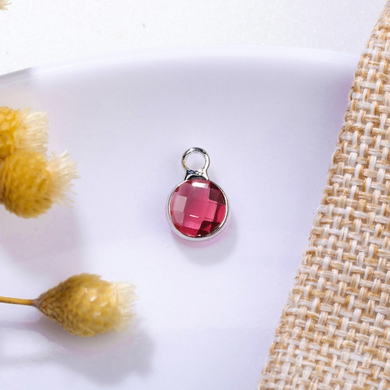 Image de 5 Pcs Breloques Pierres de Naissance en Laiton & Verre Argent Mat Fuchsia Rond octobre 6mm Dia.