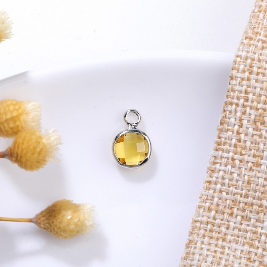 Image de 5 Pcs Breloques Pierres de Naissance en Laiton & Verre Argent Mat Jaune Rond novembre 6mm Dia.