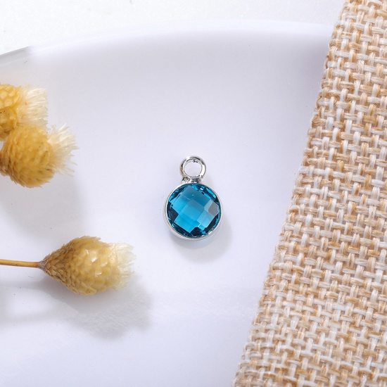 Image de 5 Pcs Breloques Pierres de Naissance en Laiton & Verre Argent Mat Bleu Lac Rond décembre 6mm Dia.