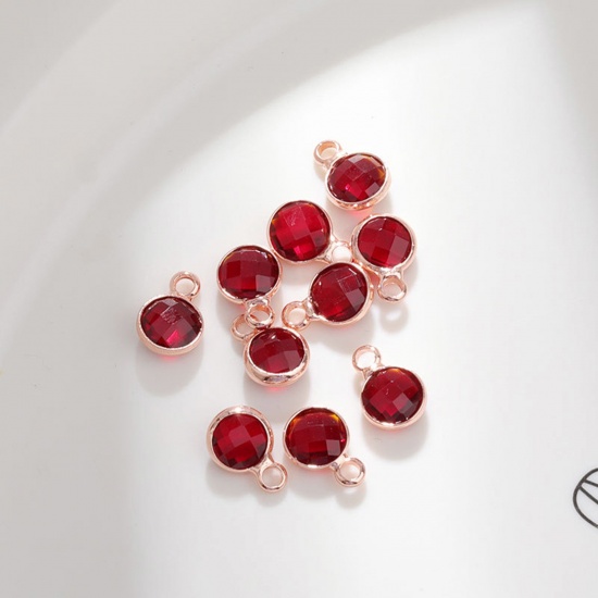 Immagine di 5 PCs Brass & Glass Birthstone Charms Rose Gold Wine Red Round 6mm Dia.