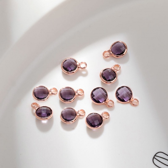 Immagine di 5 PCs Brass & Glass Birthstone Charms Rose Gold Purple Round 6mm Dia.