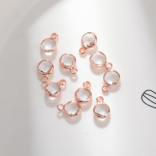 Image de 5 Pcs Breloques Pierres de Naissance en Laiton & Verre Or Rose Transparent Rond avril 6mm Dia.