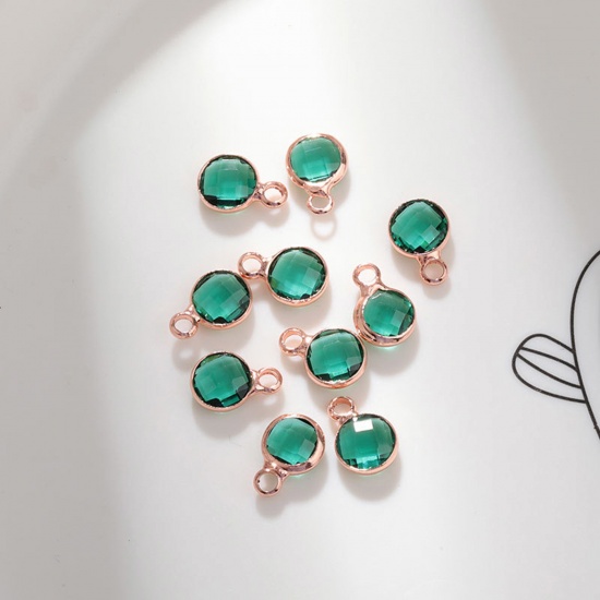 Immagine di 5 PCs Brass & Glass Birthstone Charms Rose Gold Emerald Round 6mm Dia.