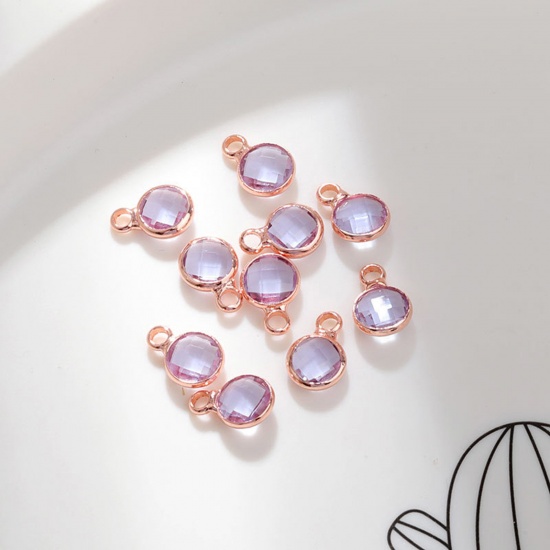 Image de 5 Pcs Breloques Pierres de Naissance en Laiton & Verre Or Rose Mauve Rond juin 6mm Dia.