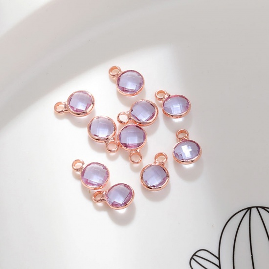 Immagine di 5 PCs Brass & Glass Birthstone Charms Rose Gold Mauve Round 6mm Dia.