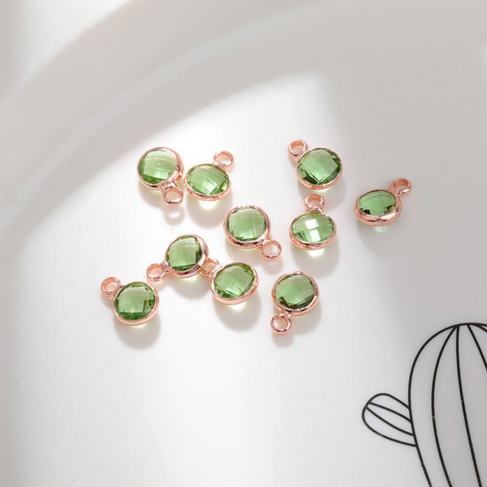 Immagine di 5 PCs Brass & Glass Birthstone Charms Rose Gold Light Green Round 6mm Dia.