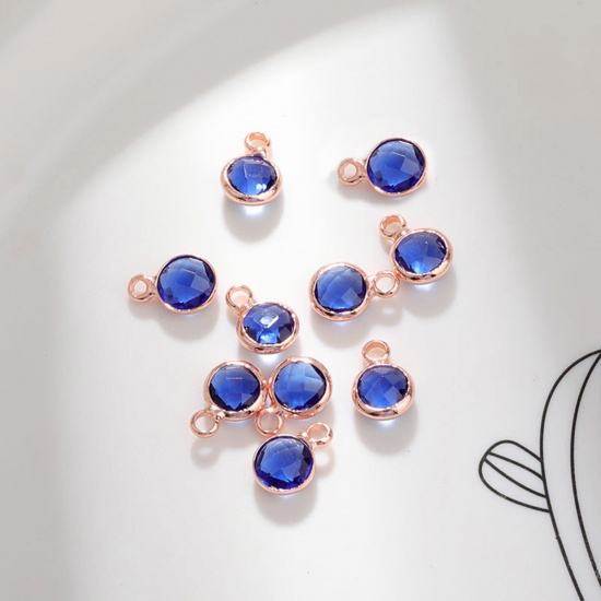 Immagine di 5 PCs Brass & Glass Birthstone Charms Rose Gold Royal Blue Round 6mm Dia.