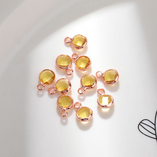 Immagine di 5 PCs Brass & Glass Birthstone Charms Rose Gold Yellow Round 6mm Dia.