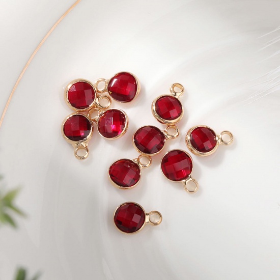 Immagine di 5 PCs Brass & Glass Birthstone Charms Gold Plated Red Round 6mm Dia.