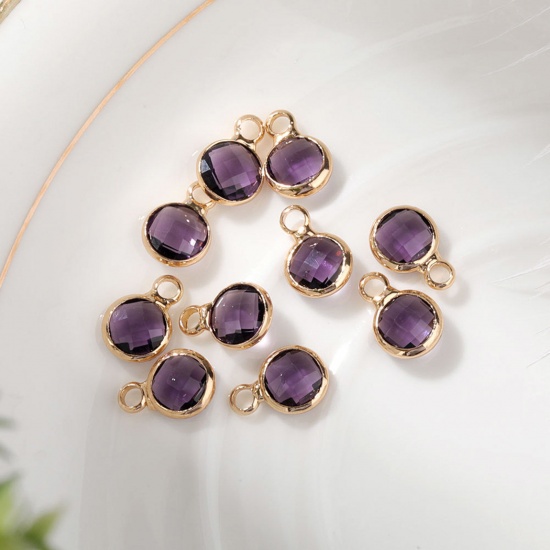 Image de 5 Pcs Breloques Pierres de Naissance en Laiton & Verre Doré Violet Rond février 6mm Dia.