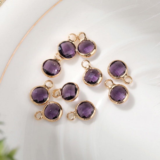 Immagine di 5 PCs Brass & Glass Birthstone Charms Gold Plated Purple Round 6mm Dia.