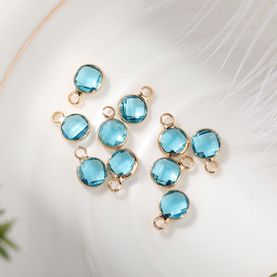 Immagine di 5 PCs Brass & Glass Birthstone Charms Gold Plated Light Blue Round 6mm Dia.