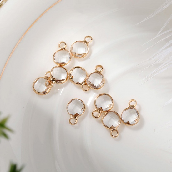 Immagine di 5 PCs Brass & Glass Birthstone Charms Gold Plated Transparent Clear Round 6mm Dia.