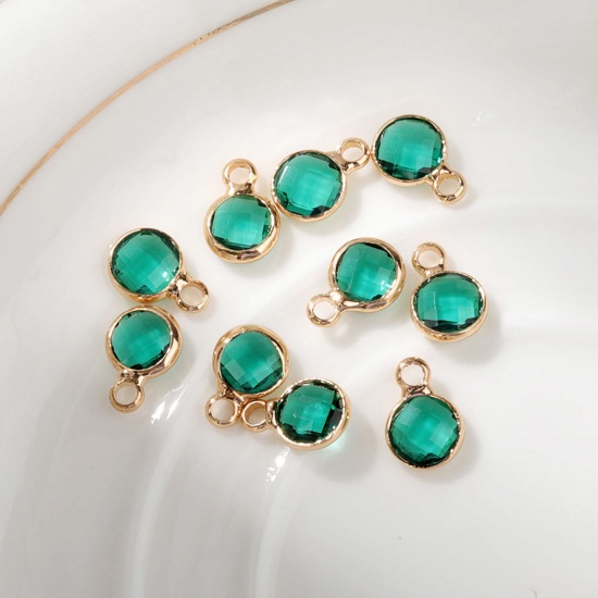 Immagine di 5 PCs Brass & Glass Birthstone Charms Gold Plated Emerald Round 6mm Dia.